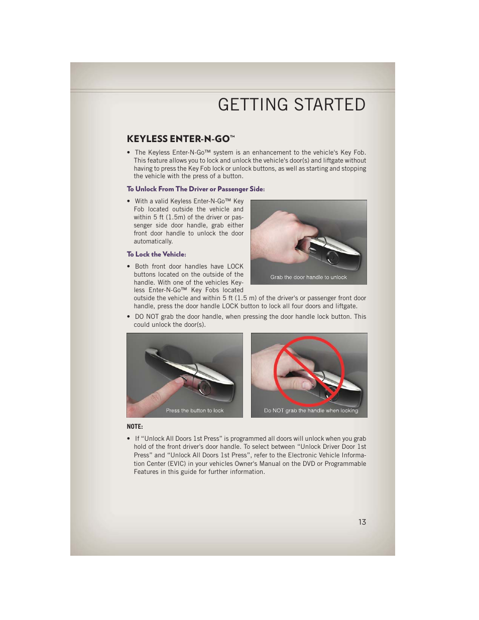 Keyless enter-n-go, To unlock from the driver or passenger side, To lock the vehicle | Getting started | Jeep 2013 Grand Cherokee - User Guide User Manual | Page 15 / 148