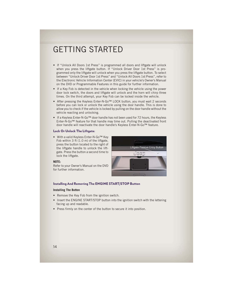 Lock or unlock the liftgate, Getting started | Jeep 2013 Grand Cherokee - User Guide User Manual | Page 16 / 148