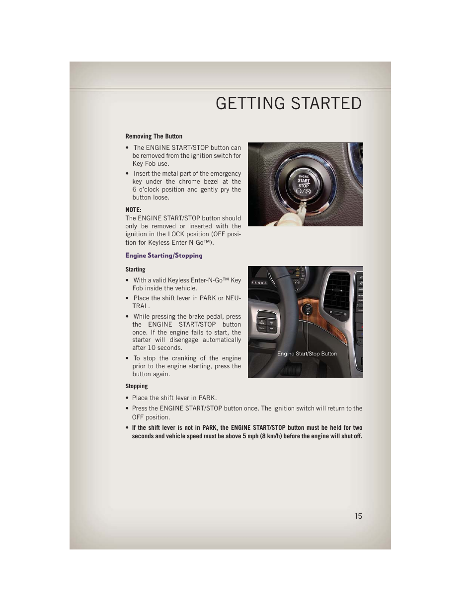 Engine starting/stopping, Getting started | Jeep 2013 Grand Cherokee - User Guide User Manual | Page 17 / 148