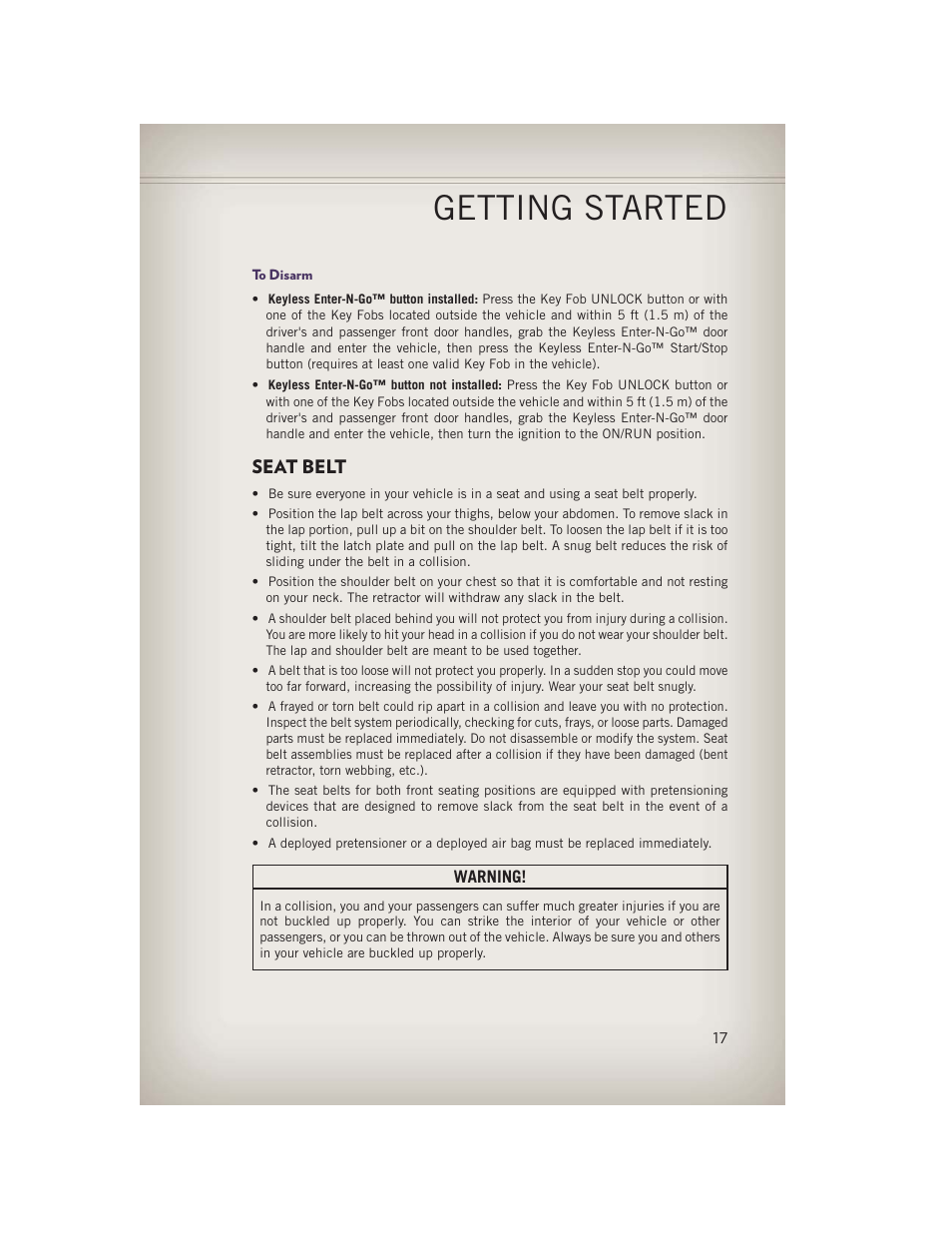 To disarm, Seat belt, Getting started | Jeep 2013 Grand Cherokee - User Guide User Manual | Page 19 / 148