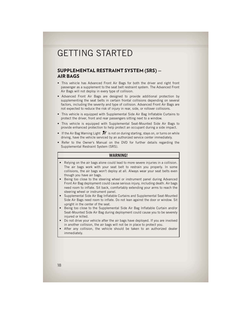 Supplemental restraint system (srs) — air bags, Getting started | Jeep 2013 Grand Cherokee - User Guide User Manual | Page 20 / 148