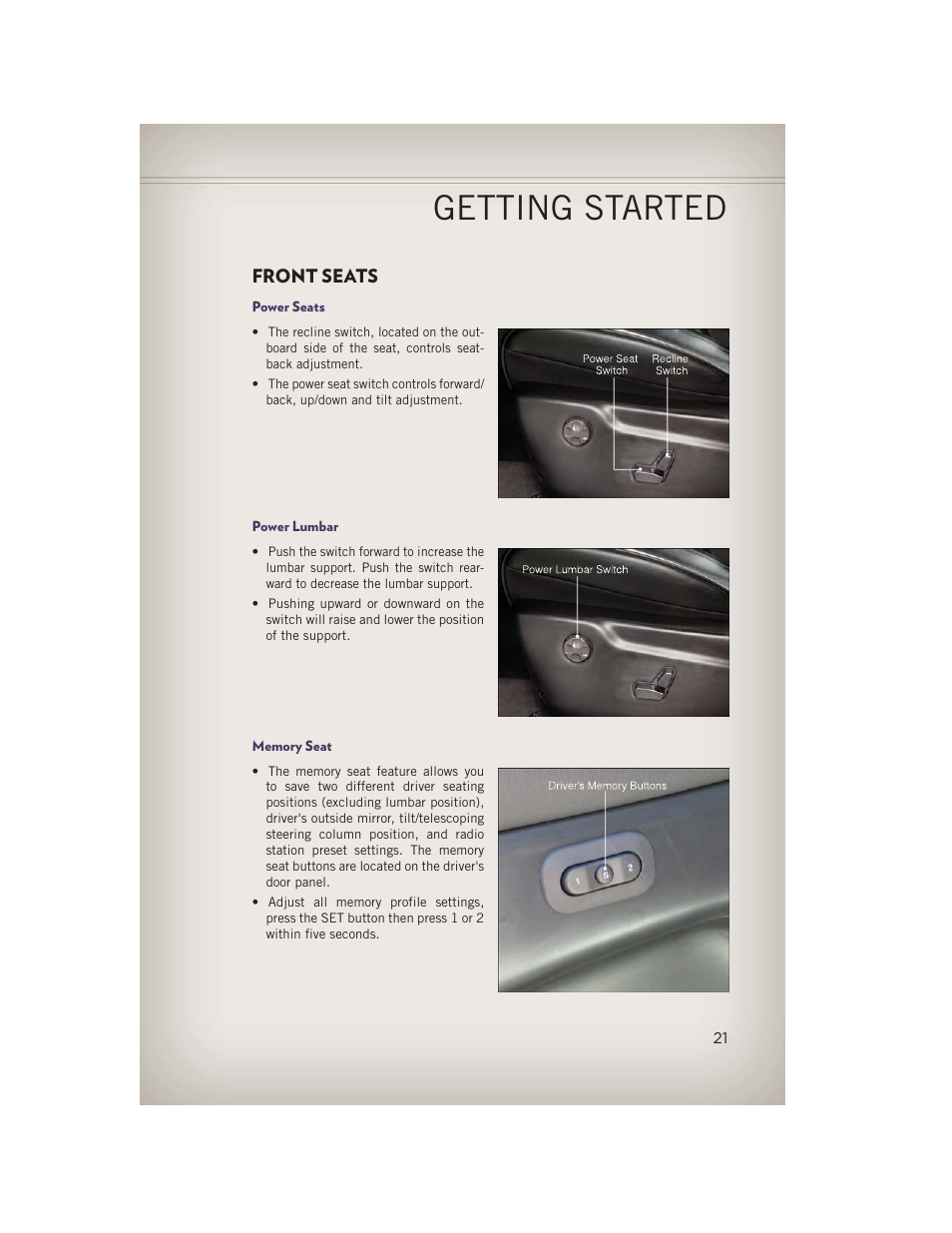 Front seats, Power seats, Power lumbar | Memory seat, Getting started | Jeep 2013 Grand Cherokee - User Guide User Manual | Page 23 / 148