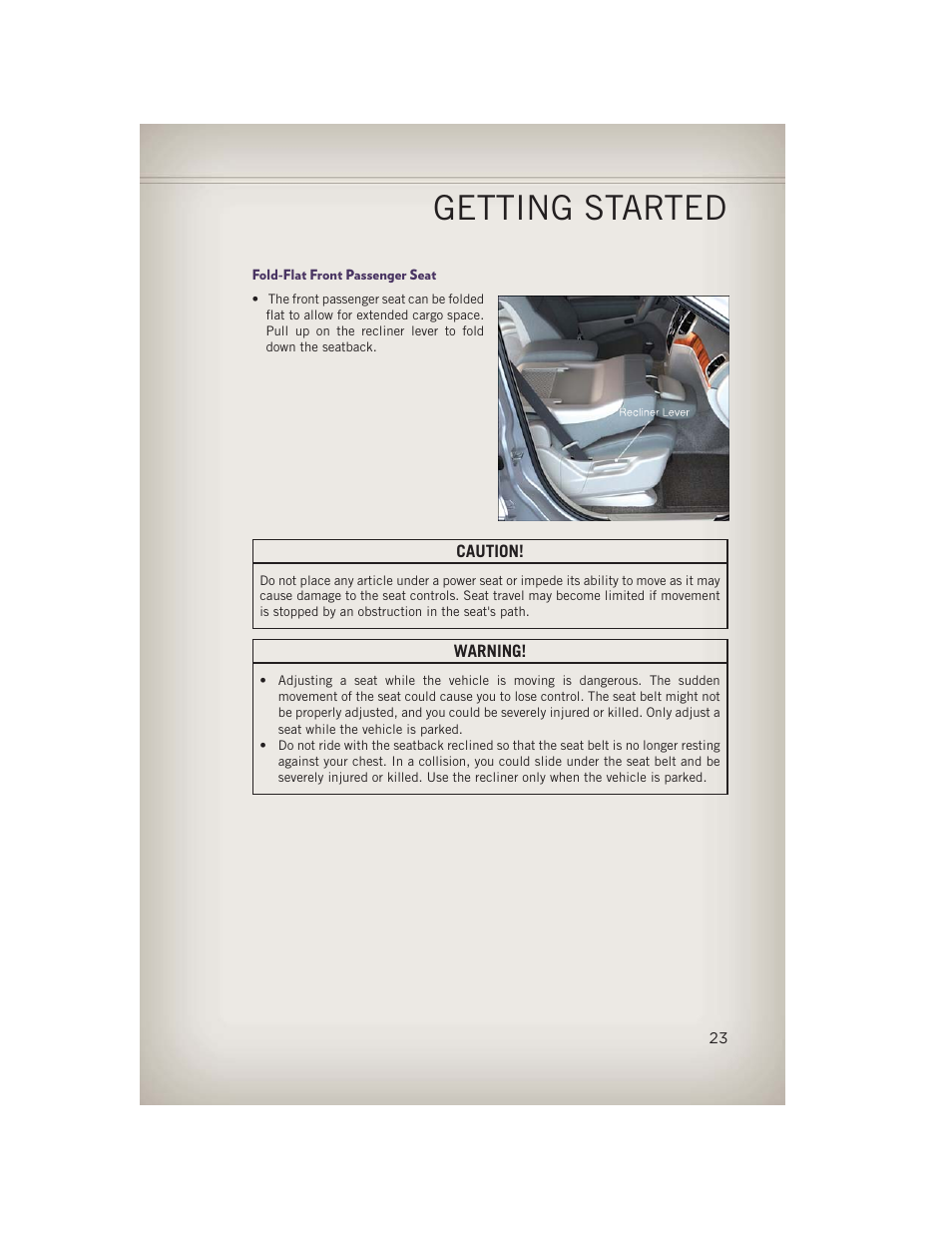 Fold-flat front passenger seat, Getting started | Jeep 2013 Grand Cherokee - User Guide User Manual | Page 25 / 148