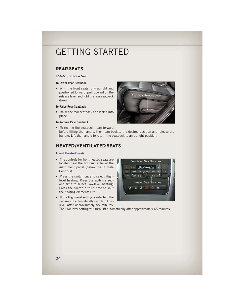 Rear seats, 60/40 split rear seat, Heated/ventilated seats | Front heated seats, Rear seats heated/ventilated seats, Getting started | Jeep 2013 Grand Cherokee - User Guide User Manual | Page 26 / 148