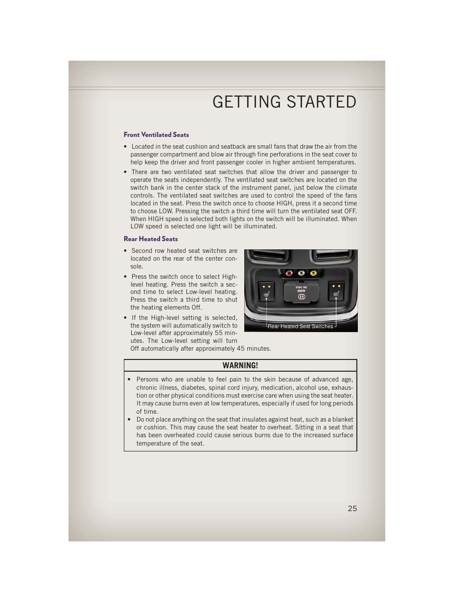 Front ventilated seats, Rear heated seats, Getting started | Jeep 2013 Grand Cherokee - User Guide User Manual | Page 27 / 148