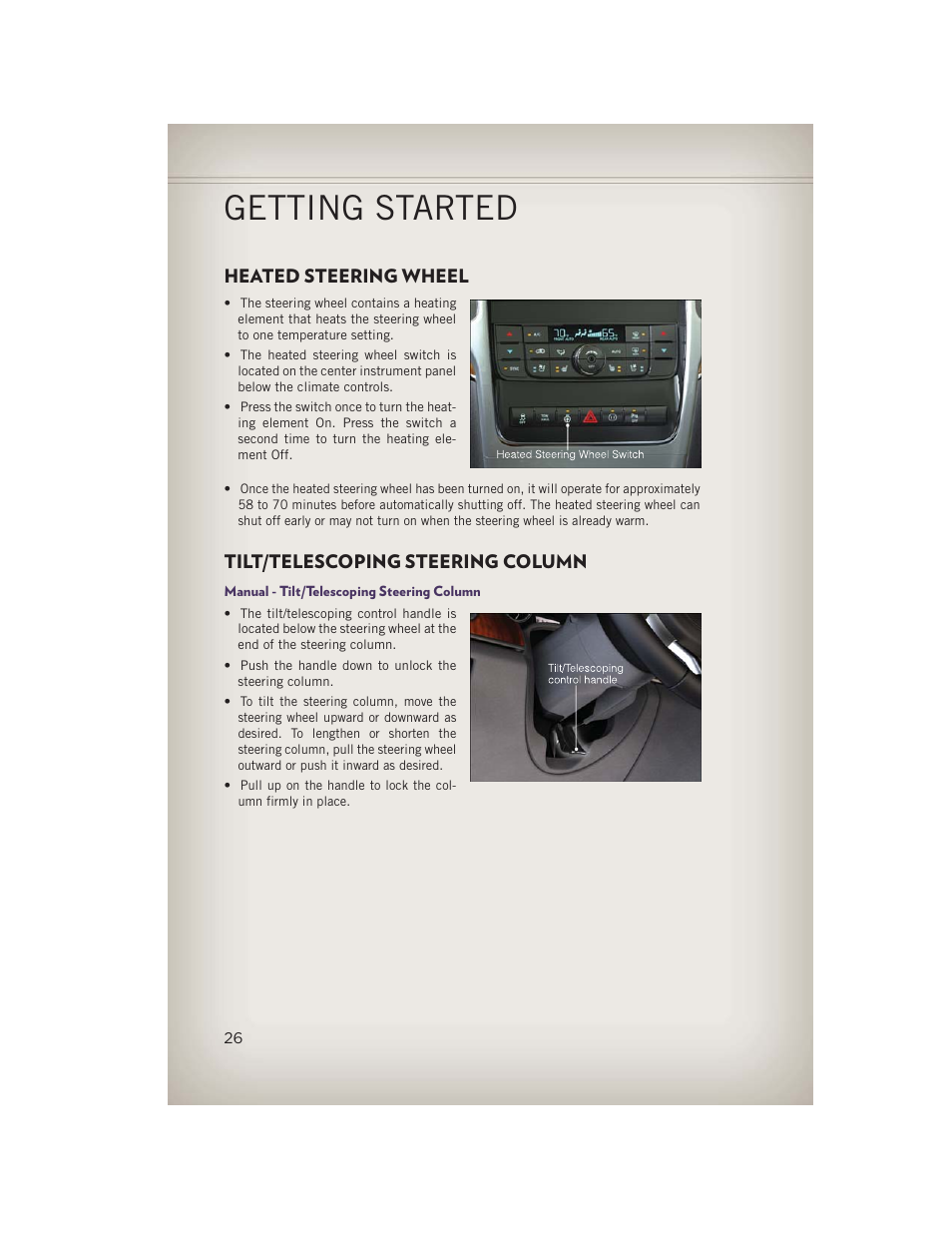 Heated steering wheel, Tilt/telescoping steering column, Manual - tilt/telescoping steering column | Getting started | Jeep 2013 Grand Cherokee - User Guide User Manual | Page 28 / 148