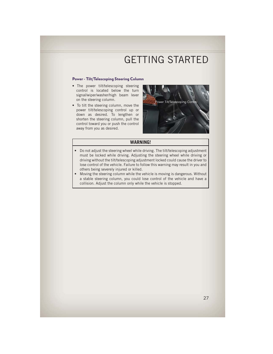 Power - tilt/telescoping steering column, Getting started | Jeep 2013 Grand Cherokee - User Guide User Manual | Page 29 / 148