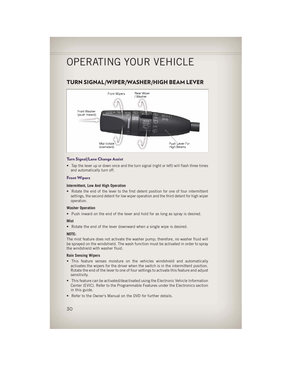 Turn signal/wiper/washer/high beam lever, Turn signal/lane change assist, Front wipers | Operating your vehicle | Jeep 2013 Grand Cherokee - User Guide User Manual | Page 32 / 148