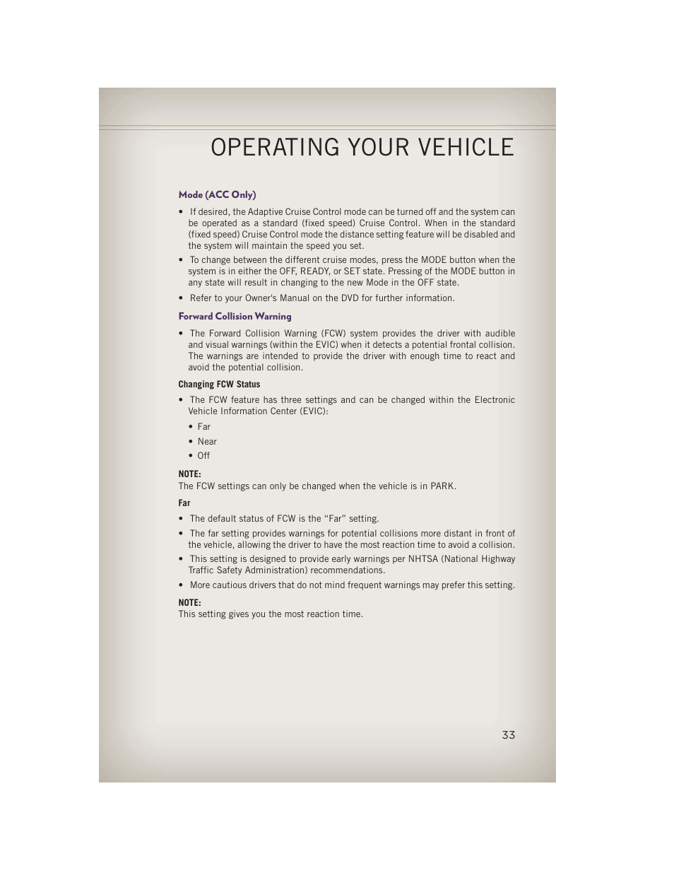 Mode (acc only), Forward collision warning, Operating your vehicle | Jeep 2013 Grand Cherokee - User Guide User Manual | Page 35 / 148