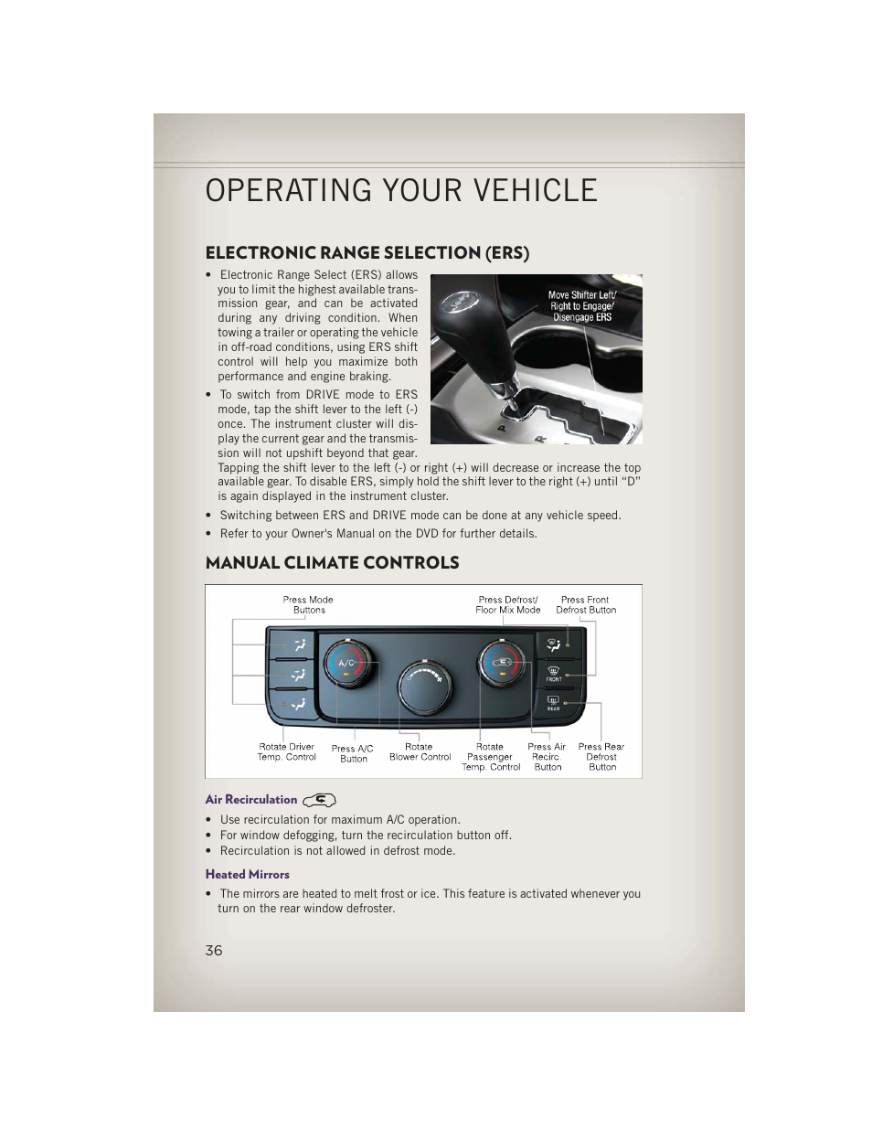 Electronic range selection (ers), Manual climate controls, Air recirculation | Heated mirrors, Operating your vehicle | Jeep 2013 Grand Cherokee - User Guide User Manual | Page 38 / 148