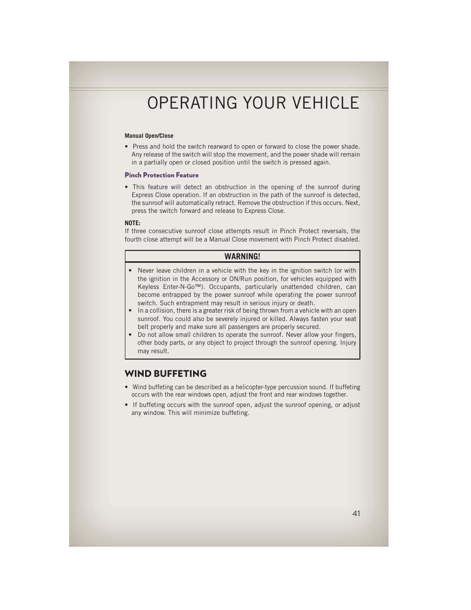 Pinch protection feature, Wind buffeting, Operating your vehicle | Jeep 2013 Grand Cherokee - User Guide User Manual | Page 43 / 148