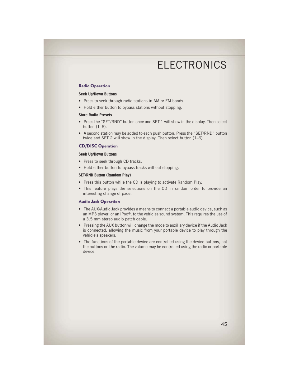 Radio operation, Cd/disc operation, Audio jack operation | Electronics | Jeep 2013 Grand Cherokee - User Guide User Manual | Page 47 / 148