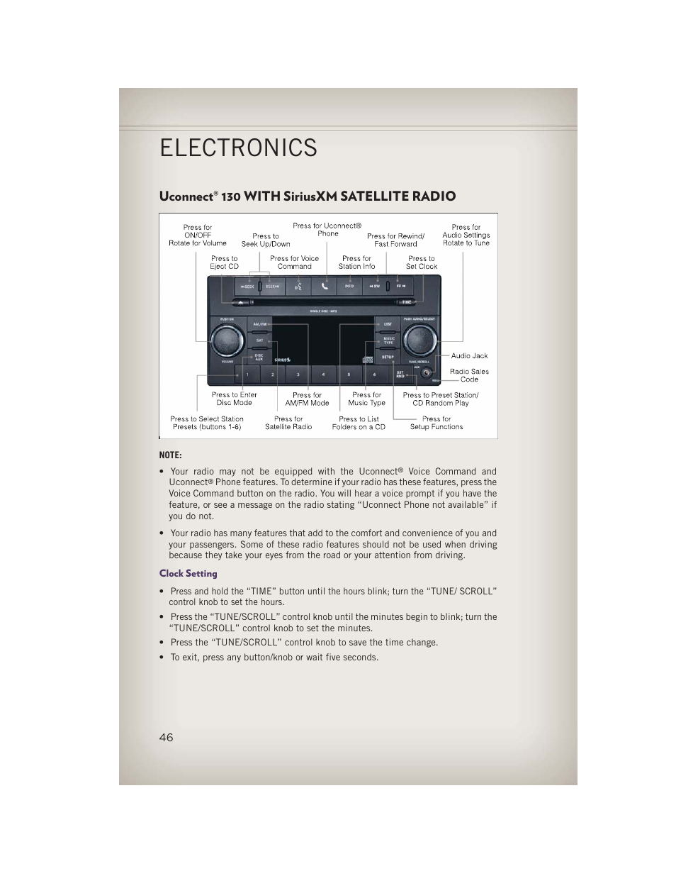 Uconnect® 130 with siriusxm satellite radio, Clock setting, Uconnect | 130 with siriusxm, Satellite radio, Electronics | Jeep 2013 Grand Cherokee - User Guide User Manual | Page 48 / 148