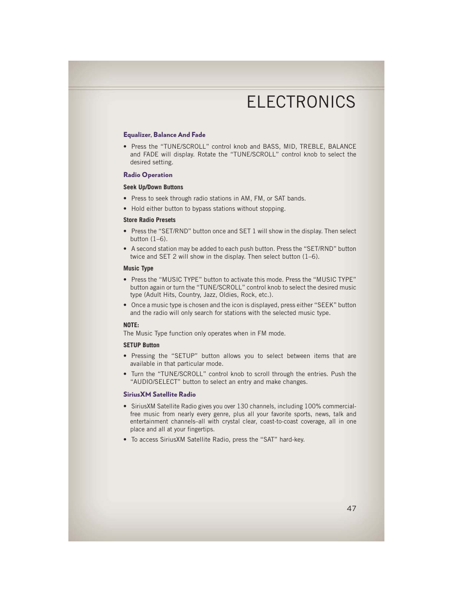 Equalizer, balance and fade, Radio operation, Siriusxm satellite radio | Electronics | Jeep 2013 Grand Cherokee - User Guide User Manual | Page 49 / 148