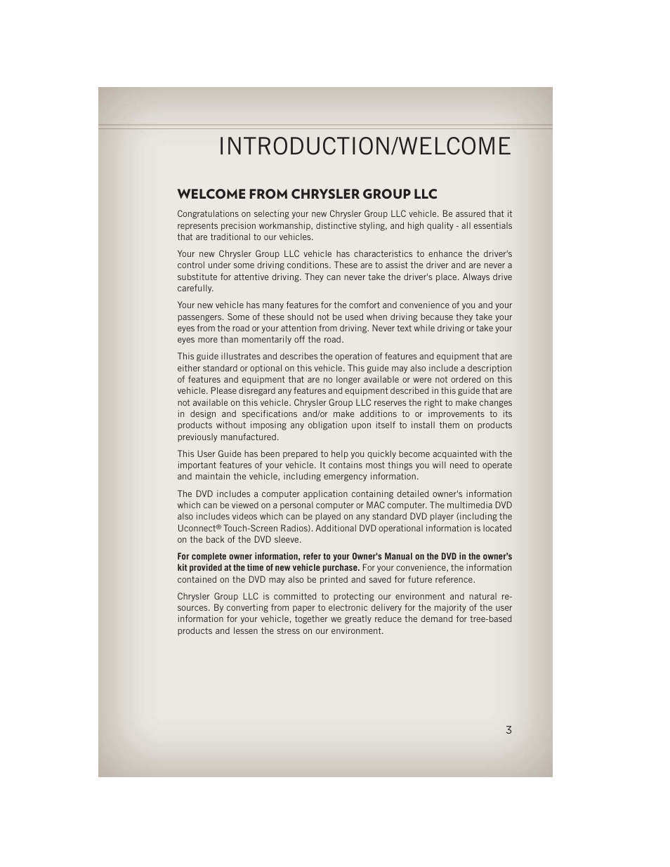 Introduction/welcome, Welcome from chrysler group llc | Jeep 2013 Grand Cherokee - User Guide User Manual | Page 5 / 148