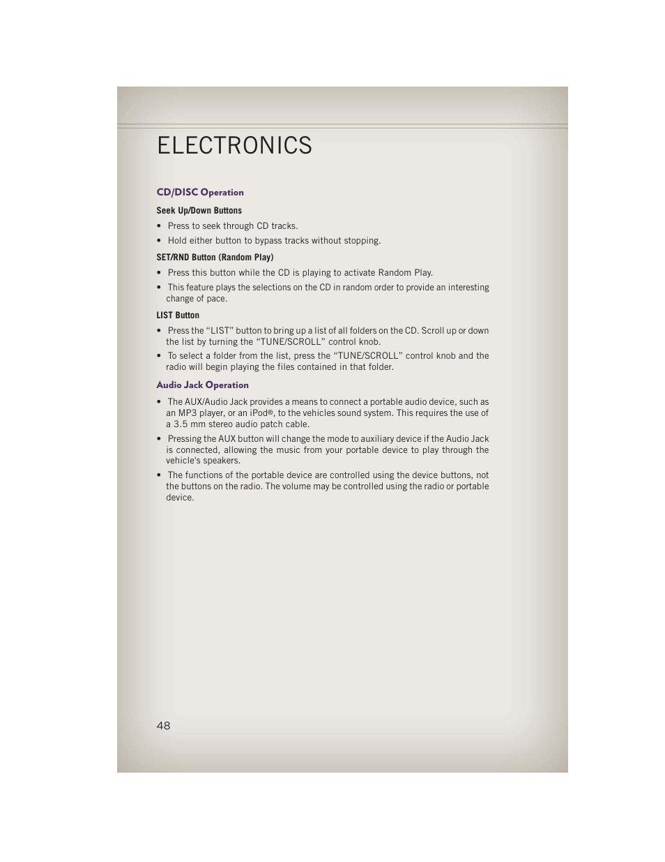 Cd/disc operation, Audio jack operation, Electronics | Jeep 2013 Grand Cherokee - User Guide User Manual | Page 50 / 148