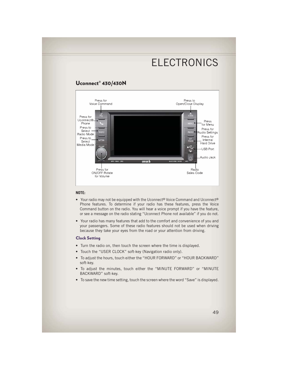 Uconnect® 430/430n, Clock setting, Uconnect | 430/430n, Electronics | Jeep 2013 Grand Cherokee - User Guide User Manual | Page 51 / 148