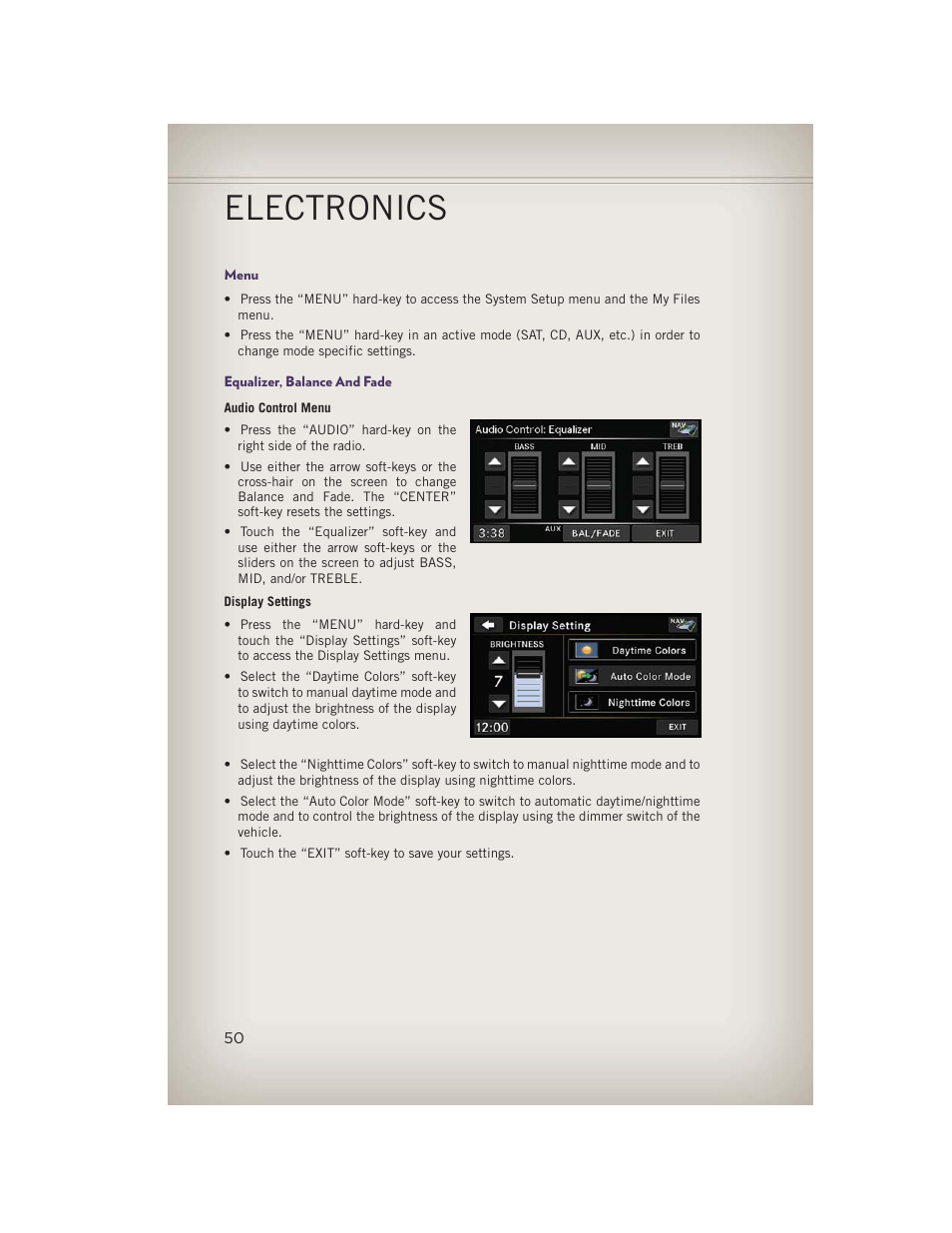 Menu, Equalizer, balance and fade, Electronics | Jeep 2013 Grand Cherokee - User Guide User Manual | Page 52 / 148