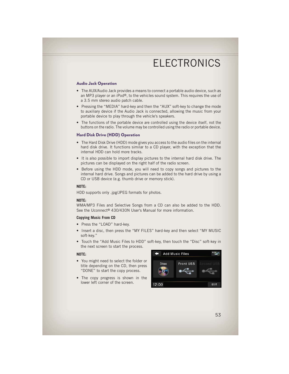 Audio jack operation, Hard disk drive (hdd) operation, Electronics | Jeep 2013 Grand Cherokee - User Guide User Manual | Page 55 / 148
