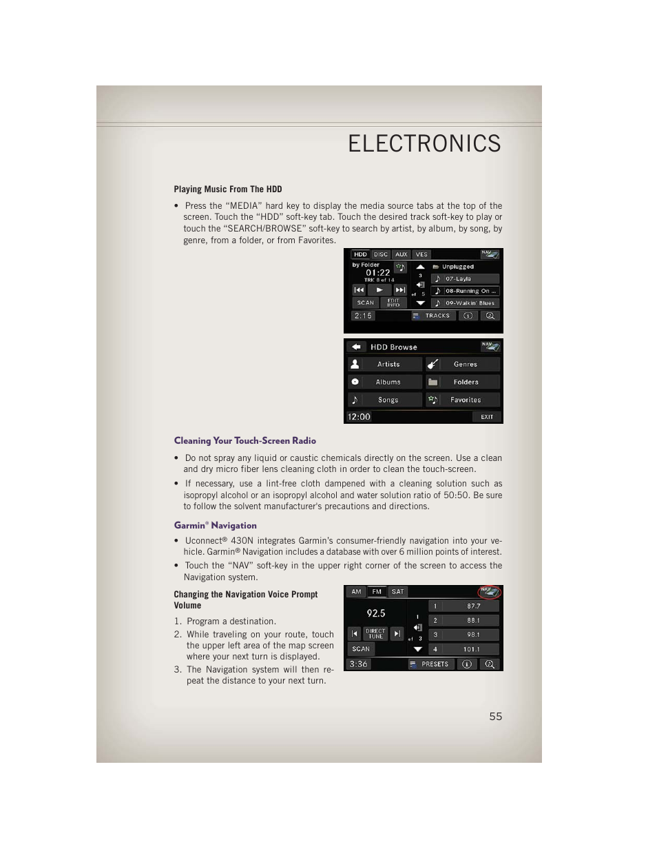 Cleaning your touch-screen radio, Garmin® navigation, Electronics | Jeep 2013 Grand Cherokee - User Guide User Manual | Page 57 / 148