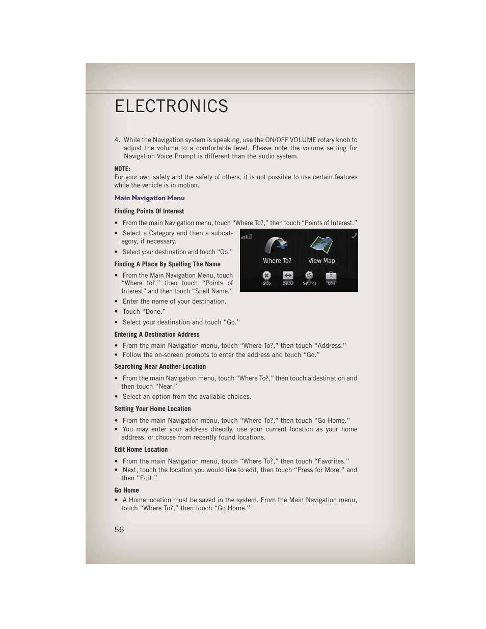 Main navigation menu, Electronics | Jeep 2013 Grand Cherokee - User Guide User Manual | Page 58 / 148