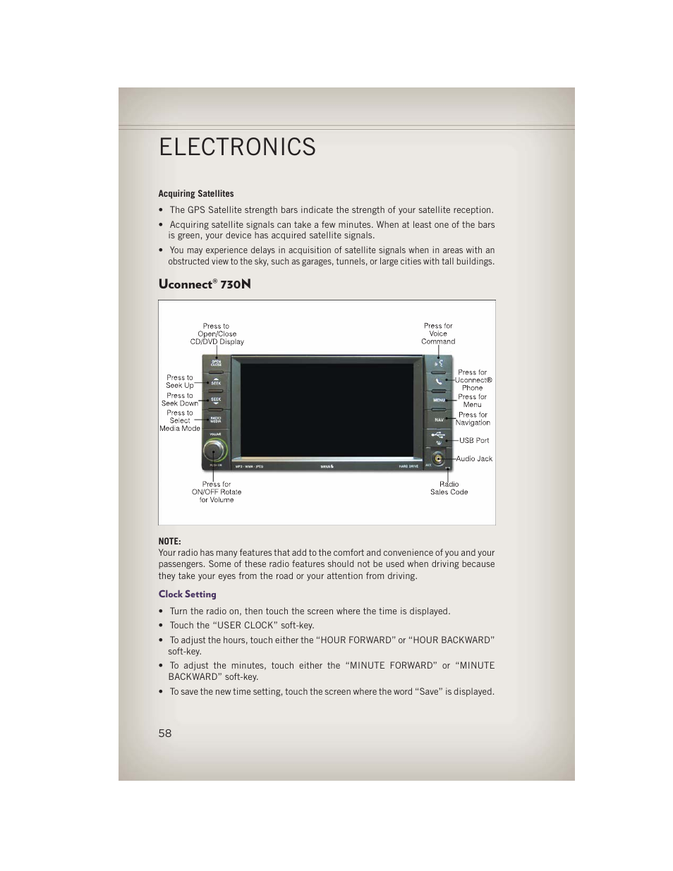 Uconnect® 730n, Clock setting, Uconnect | 730n, Electronics | Jeep 2013 Grand Cherokee - User Guide User Manual | Page 60 / 148