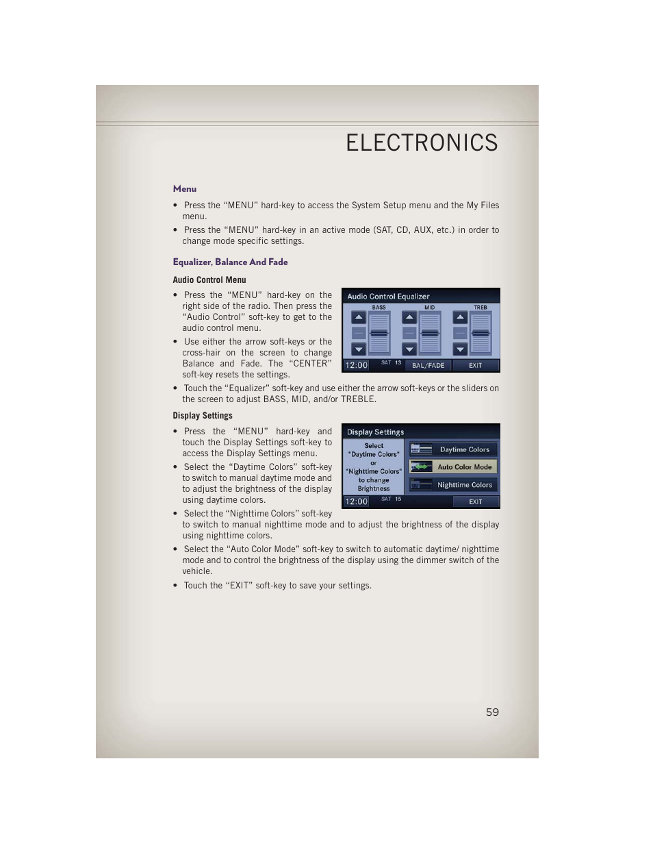 Menu, Equalizer, balance and fade, Electronics | Jeep 2013 Grand Cherokee - User Guide User Manual | Page 61 / 148