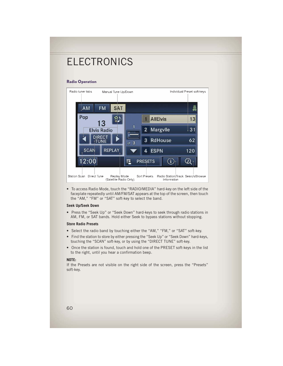 Radio operation, Electronics | Jeep 2013 Grand Cherokee - User Guide User Manual | Page 62 / 148
