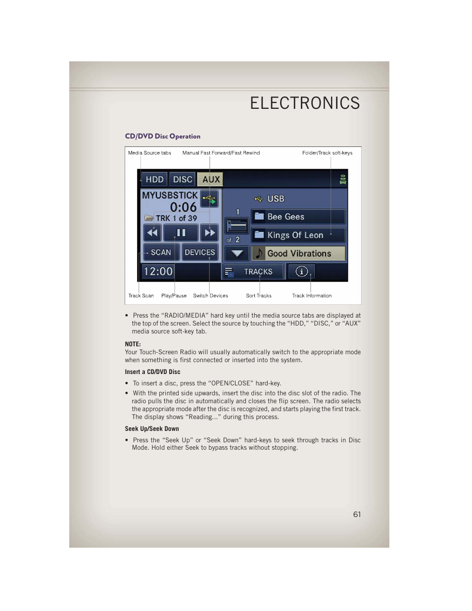 Cd/dvd disc operation, Electronics | Jeep 2013 Grand Cherokee - User Guide User Manual | Page 63 / 148