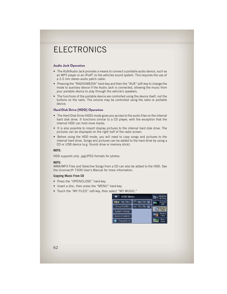 Audio jack operation, Hard disk drive (hdd) operation, Electronics | Jeep 2013 Grand Cherokee - User Guide User Manual | Page 64 / 148