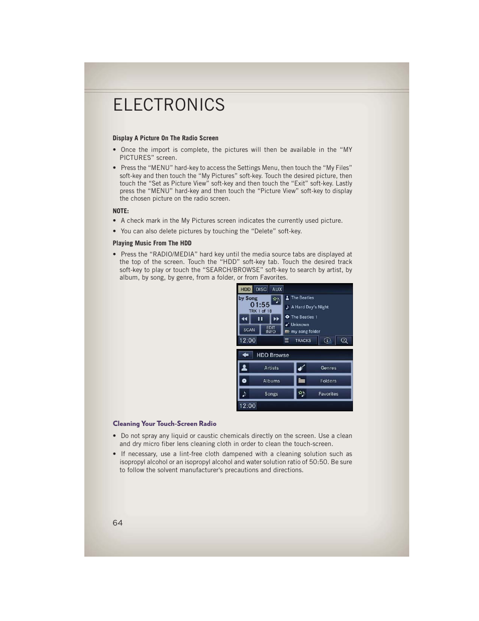 Cleaning your touch-screen radio, Electronics | Jeep 2013 Grand Cherokee - User Guide User Manual | Page 66 / 148