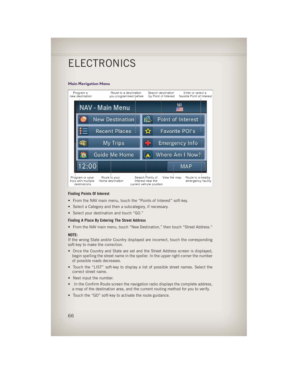 Main navigation menu, Electronics | Jeep 2013 Grand Cherokee - User Guide User Manual | Page 68 / 148