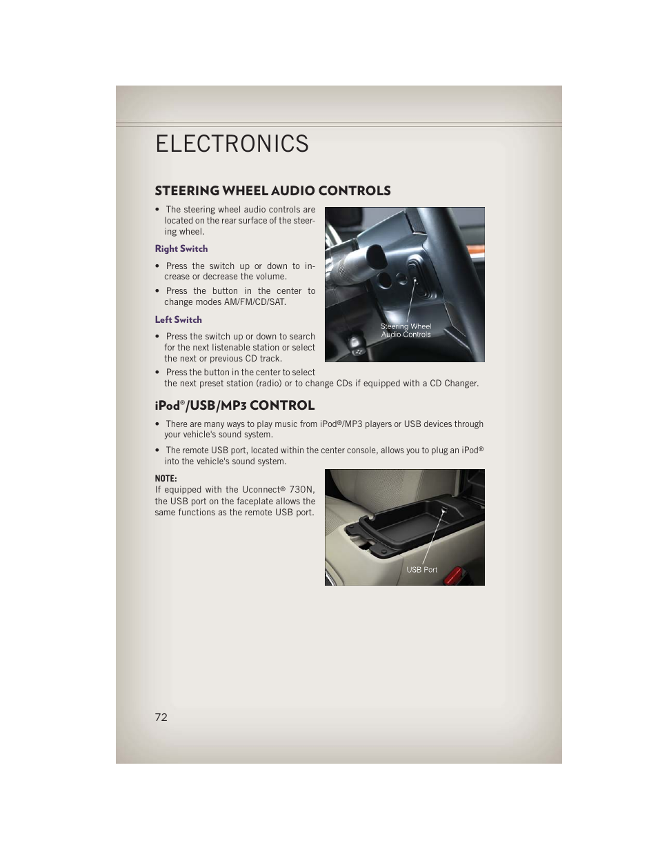 Steering wheel audio controls, Right switch, Left switch | Ipod®/usb/mp3 control, Steering wheel audio controls ipod, Usb/mp3 control, Electronics | Jeep 2013 Grand Cherokee - User Guide User Manual | Page 74 / 148