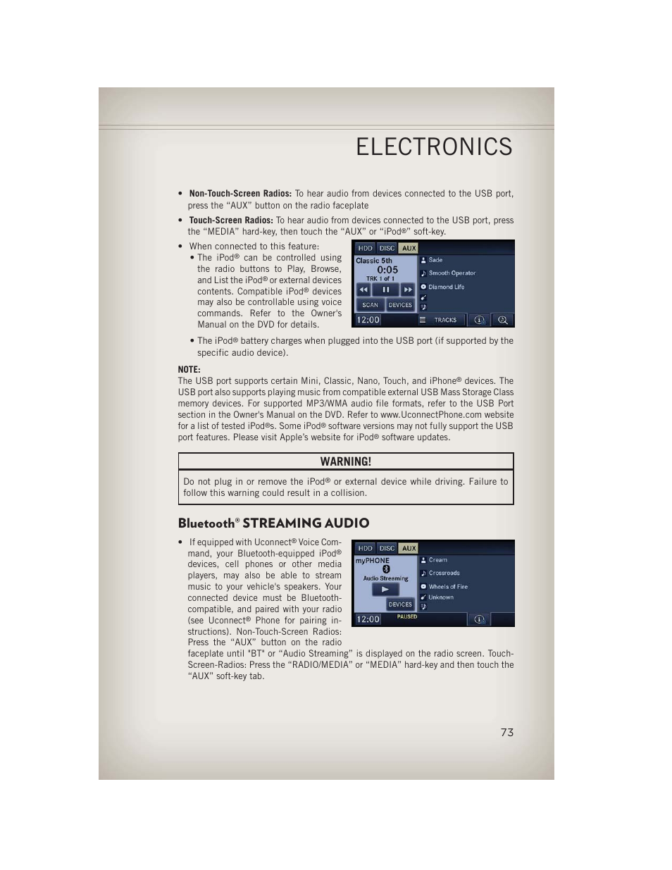 Bluetooth® streaming audio, Bluetooth, Streaming audio | Electronics, Warning | Jeep 2013 Grand Cherokee - User Guide User Manual | Page 75 / 148