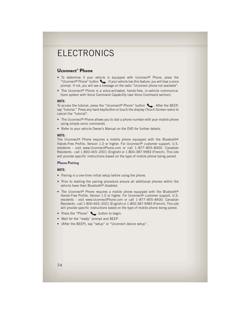 Uconnect® phone, Phone pairing, Uconnect | Phone, Electronics | Jeep 2013 Grand Cherokee - User Guide User Manual | Page 76 / 148