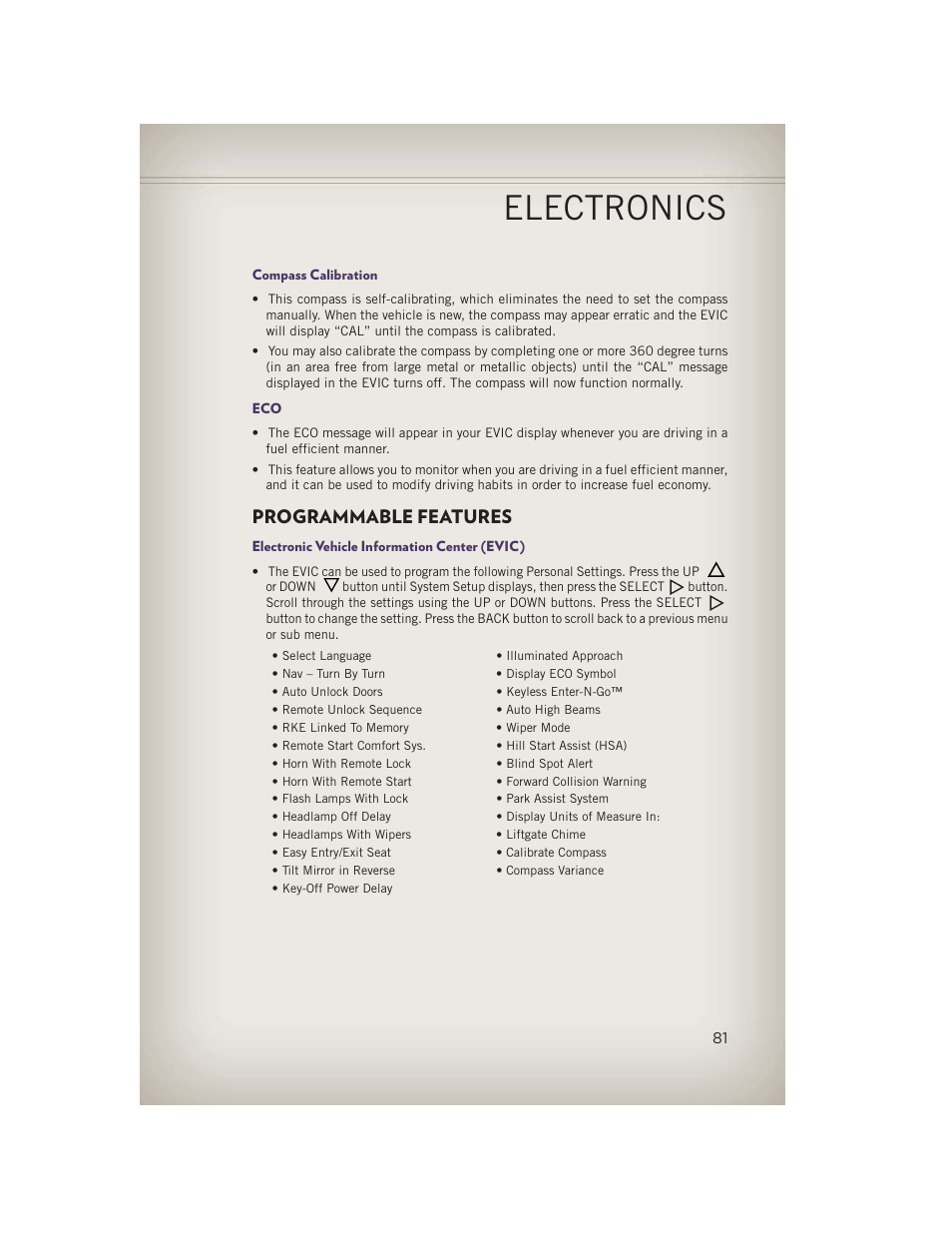 Compass calibration, Programmable features, Electronic vehicle information center (evic) | Electronics | Jeep 2013 Grand Cherokee - User Guide User Manual | Page 83 / 148