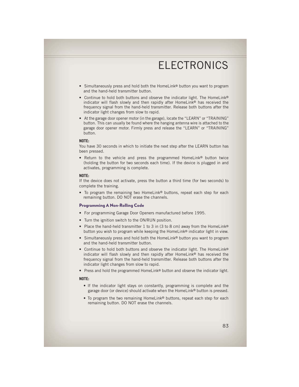 Programming a non-rolling code, Electronics | Jeep 2013 Grand Cherokee - User Guide User Manual | Page 85 / 148