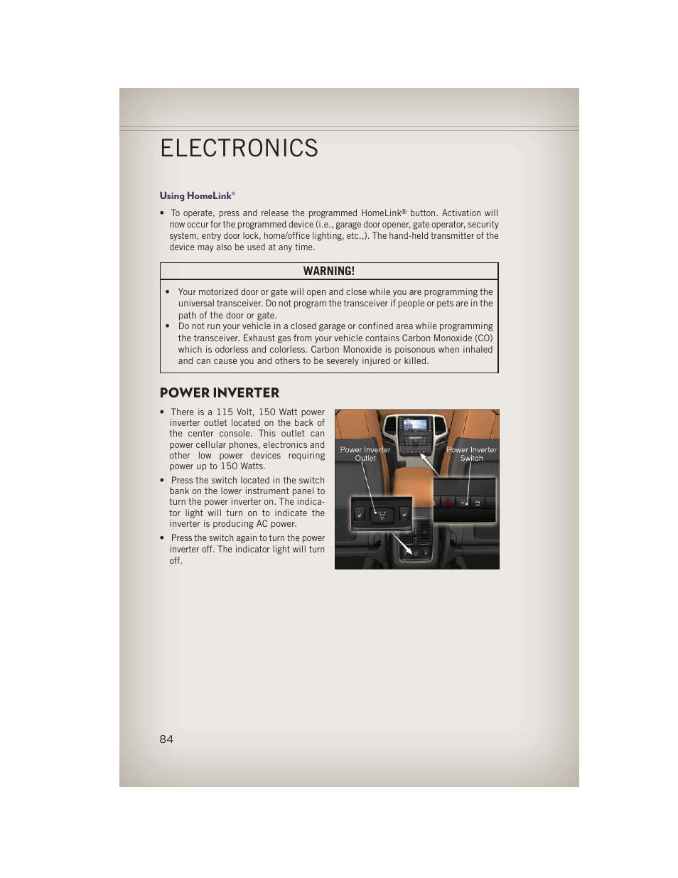 Using homelink, Power inverter, Electronics | Jeep 2013 Grand Cherokee - User Guide User Manual | Page 86 / 148