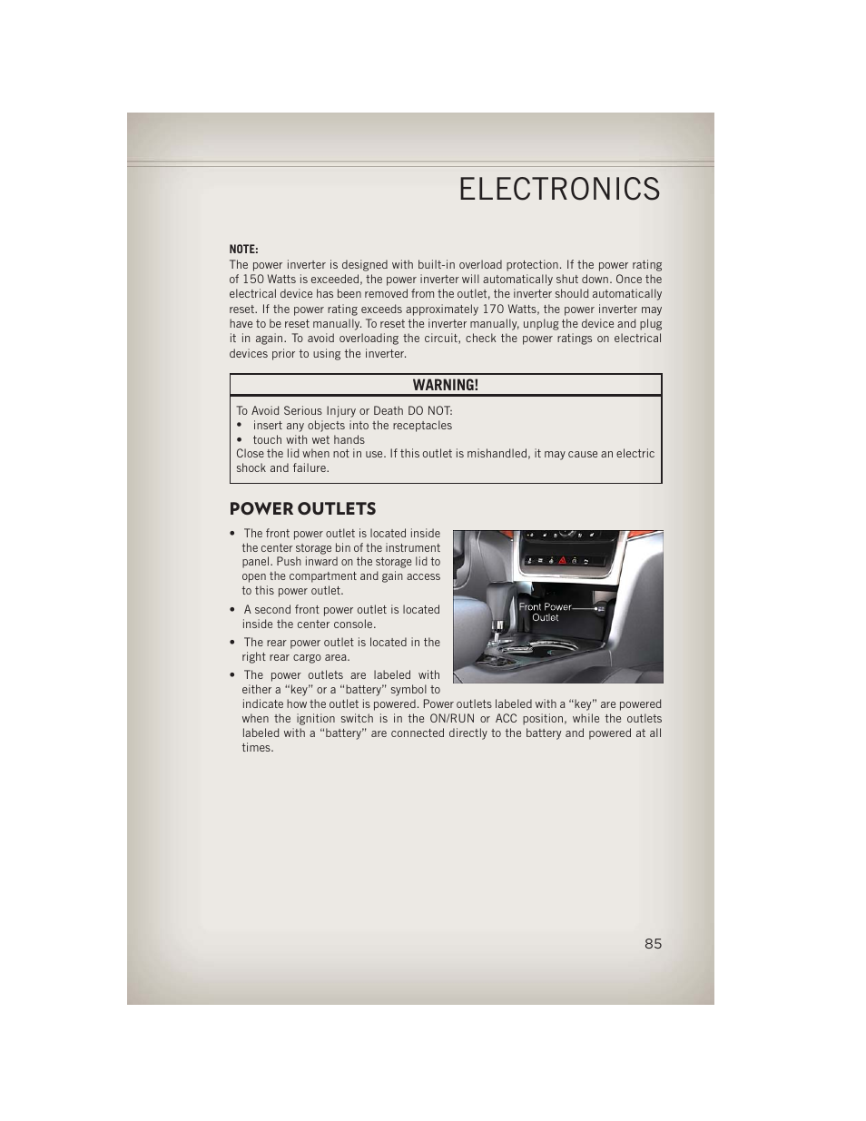 Power outlets, Electronics | Jeep 2013 Grand Cherokee - User Guide User Manual | Page 87 / 148