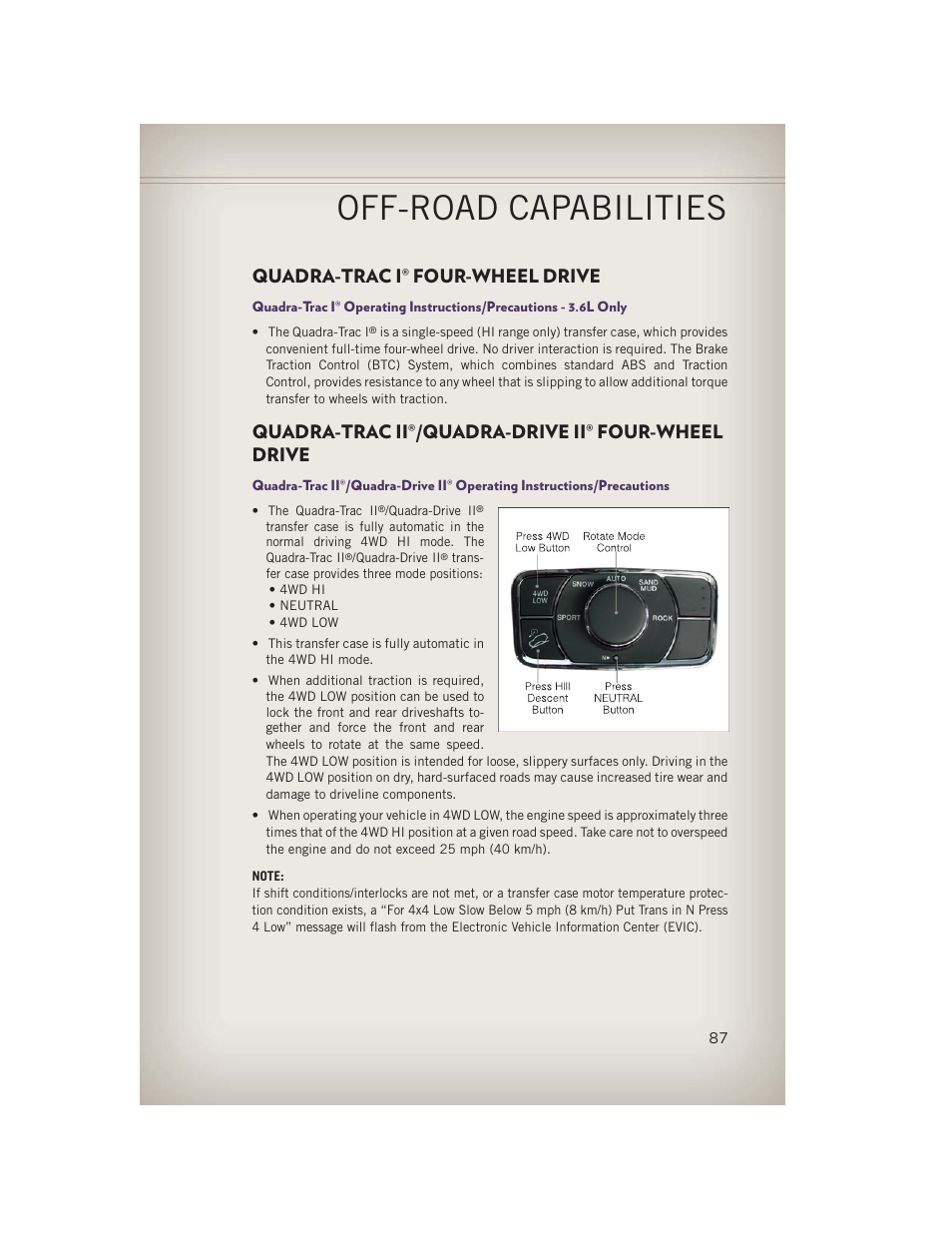 Off-road capabilities, Quadra-trac i® four-wheel drive, Quadra-trac ii®/quadra-drive ii® four-wheel drive | Quadra-trac i, Four-wheel, Drive quadra-trac ii, Quadra-drive ii, Four-wheel drive | Jeep 2013 Grand Cherokee - User Guide User Manual | Page 89 / 148