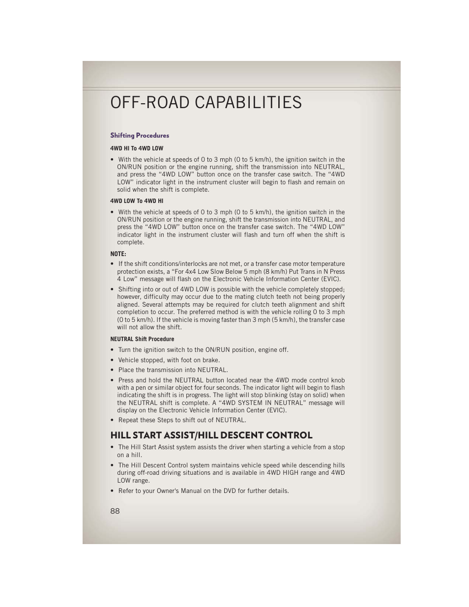 Shifting procedures, Hill start assist/hill descent control, Off-road capabilities | Jeep 2013 Grand Cherokee - User Guide User Manual | Page 90 / 148