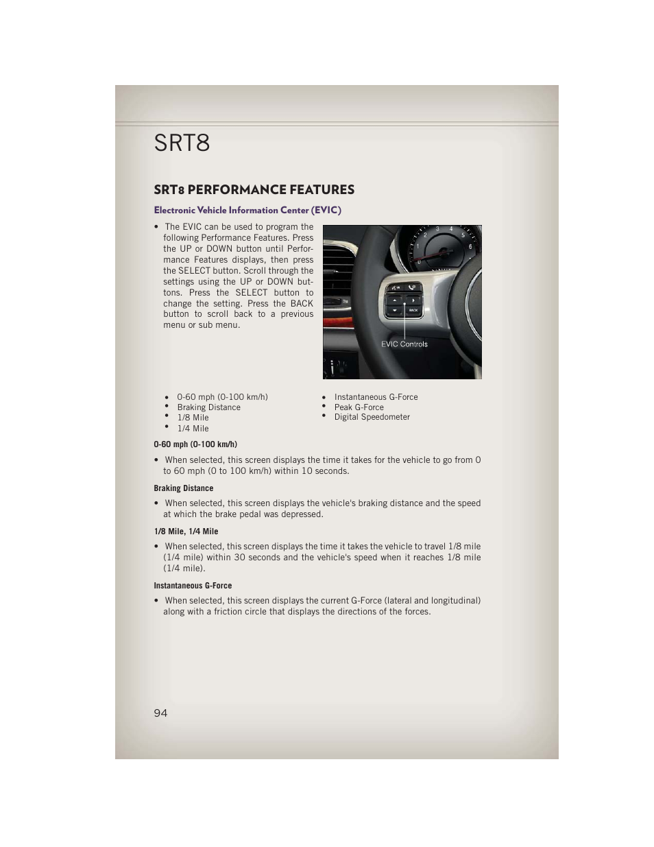 Srt8 performance features, Electronic vehicle information center (evic), Srt8 | Jeep 2013 Grand Cherokee - User Guide User Manual | Page 96 / 148