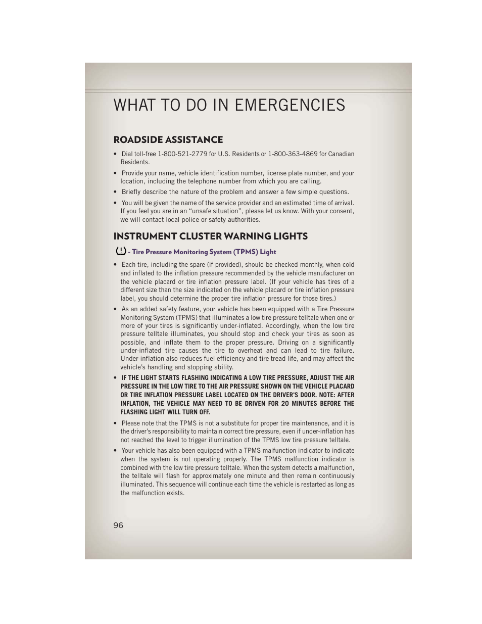 What to do in emergencies, Roadside assistance, Instrument cluster warning lights | Tire pressure monitoring system (tpms) light | Jeep 2013 Grand Cherokee - User Guide User Manual | Page 98 / 148