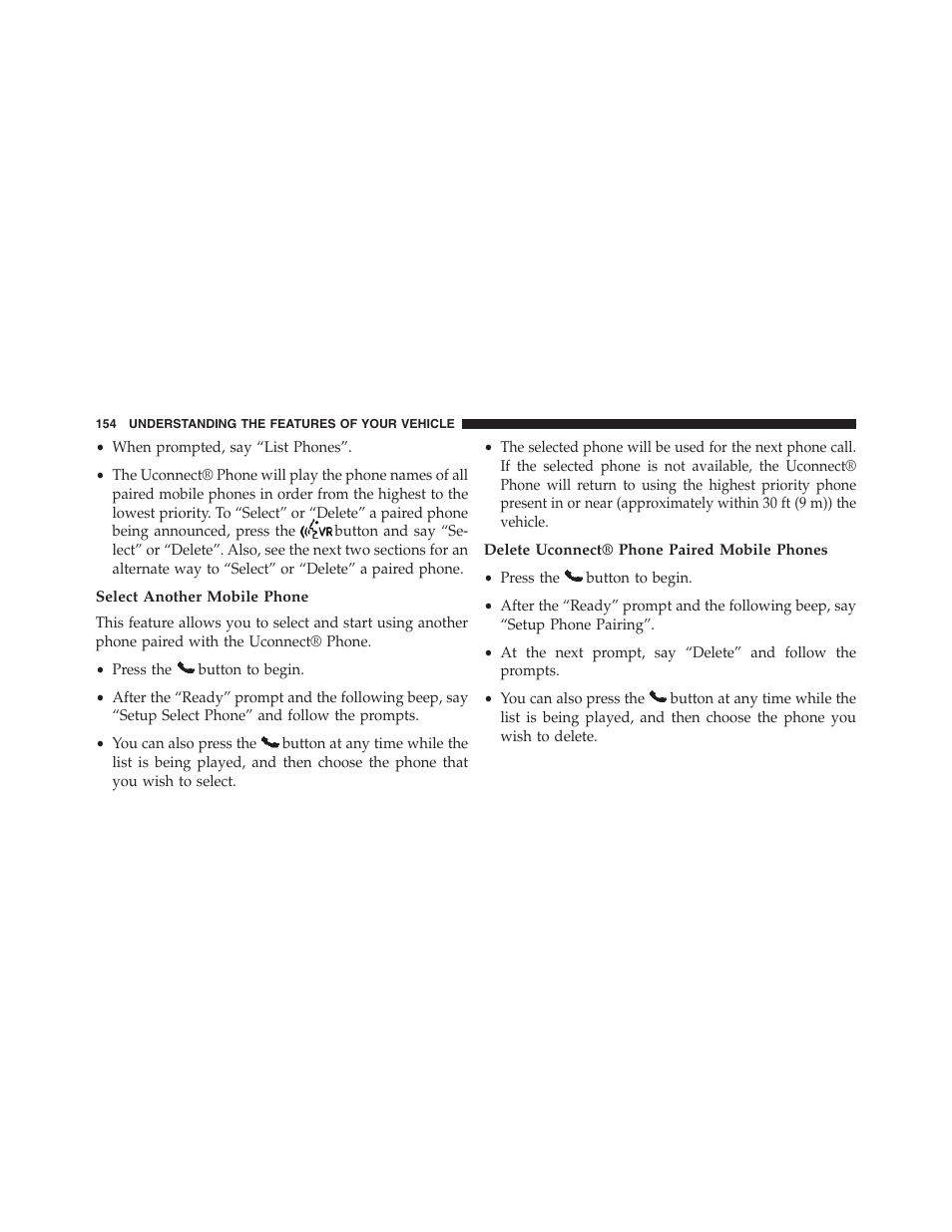 Select another mobile phone, Delete uconnect® phone paired mobile phones | Jeep 2013 Grand Cherokee - Owner Manual User Manual | Page 156 / 704