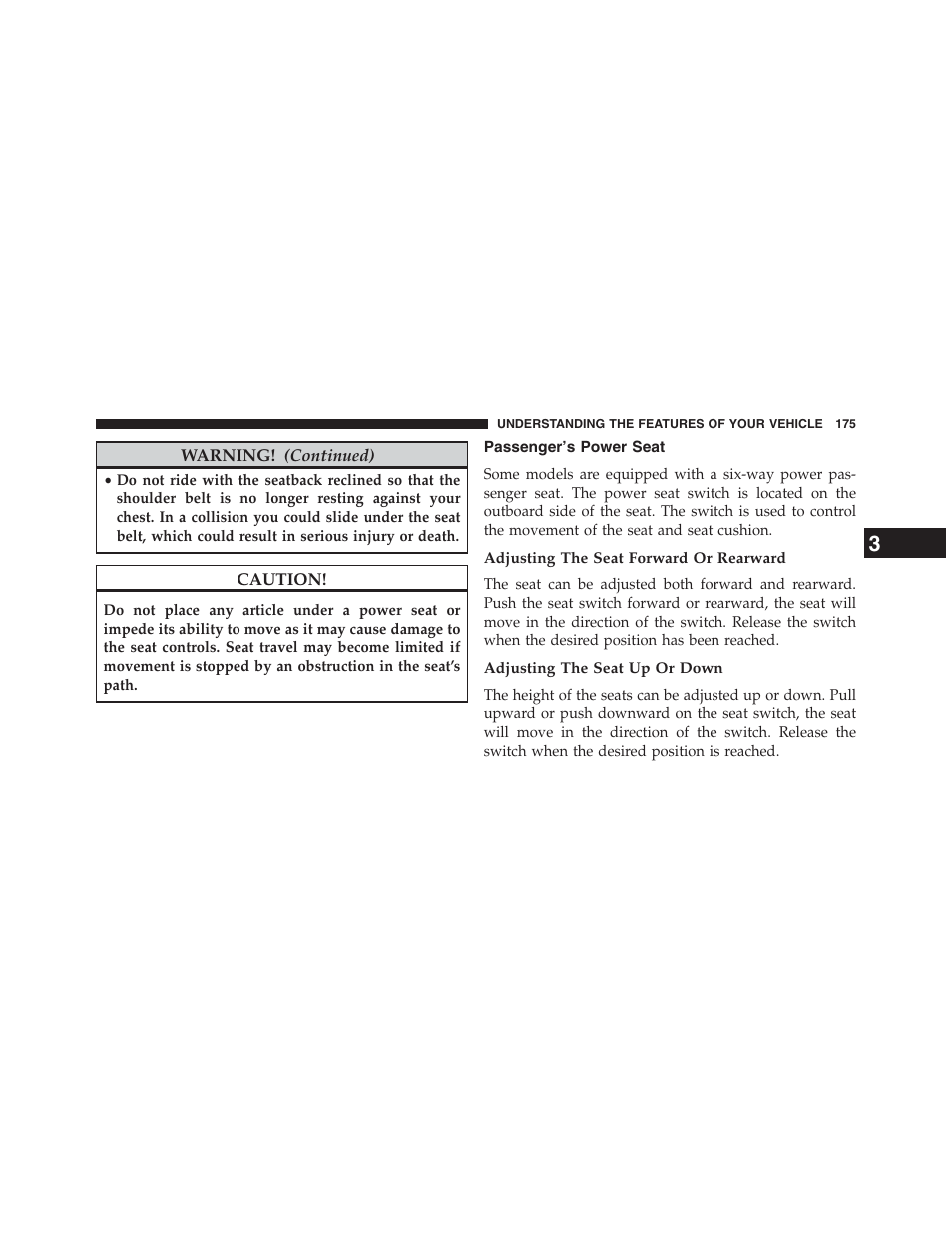 Passenger's power seat, Adjusting the seat forward or rearward, Adjusting the seat up or down | Passenger’s power seat | Jeep 2013 Grand Cherokee - Owner Manual User Manual | Page 177 / 704