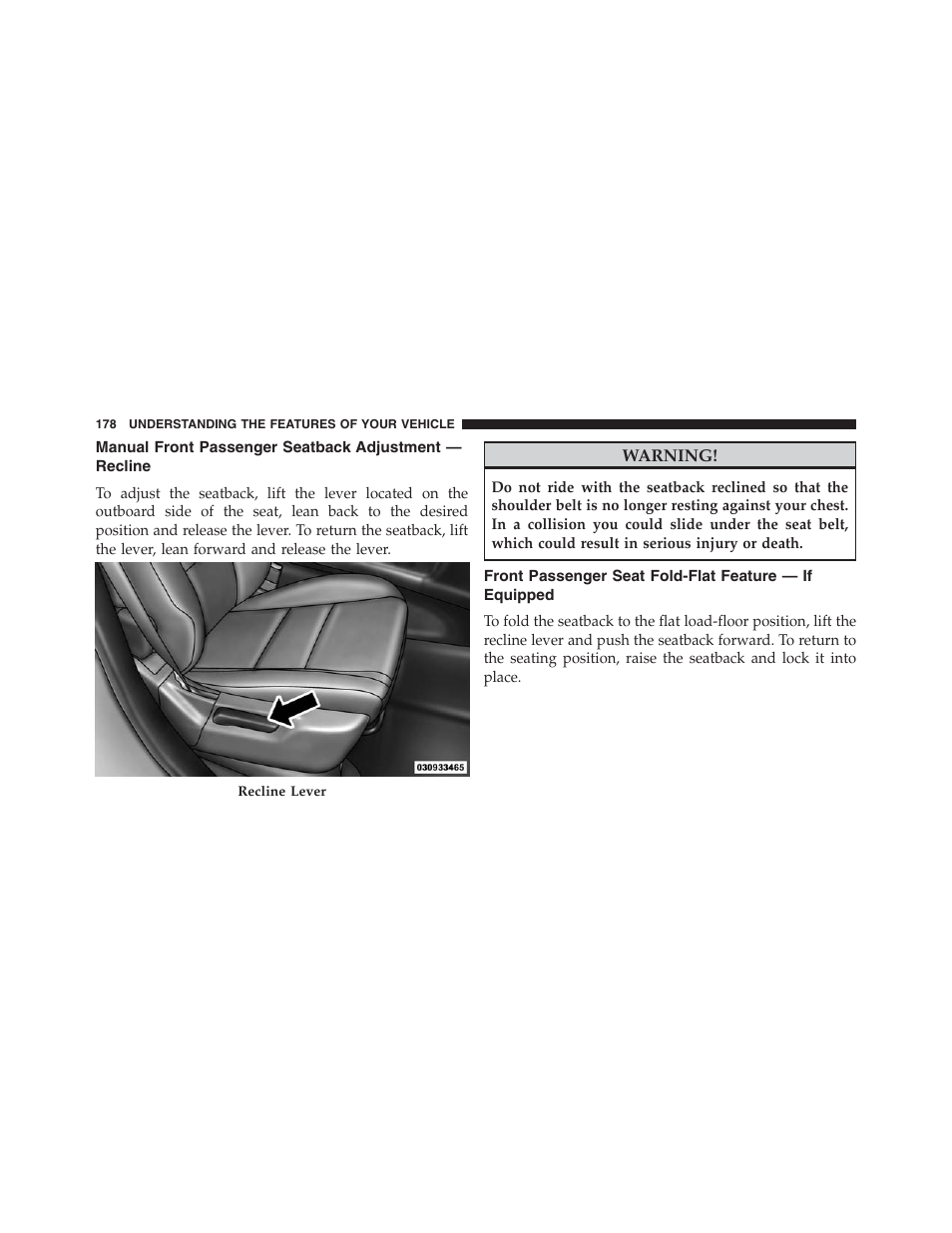 Manual front passenger seatback, Adjustment — recline, Front passenger seat fold-flat feature — if | Equipped | Jeep 2013 Grand Cherokee - Owner Manual User Manual | Page 180 / 704