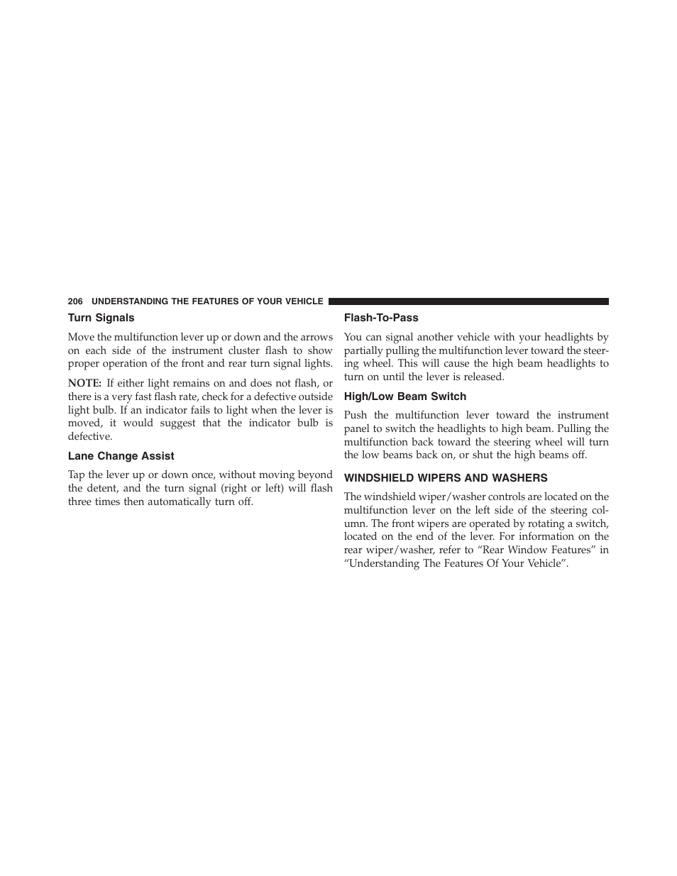 Turn signals, Lane change assist, Flash-to-pass | High/low beam switch, Windshield wipers and washers | Jeep 2013 Grand Cherokee - Owner Manual User Manual | Page 208 / 704