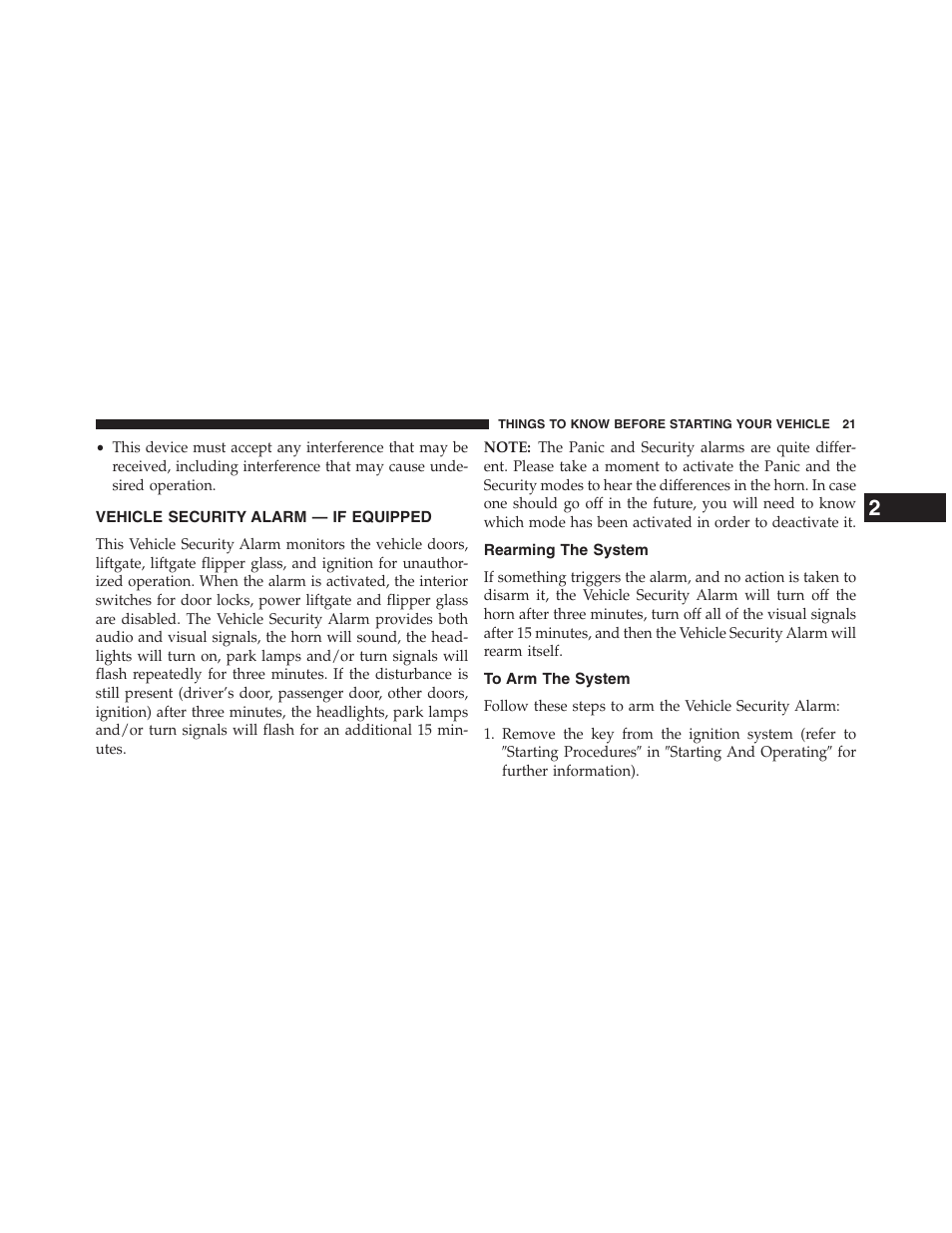 Vehicle security alarm — if equipped, Rearming the system, To arm the system | Vehicle security alarm, If equipped | Jeep 2013 Grand Cherokee - Owner Manual User Manual | Page 23 / 704