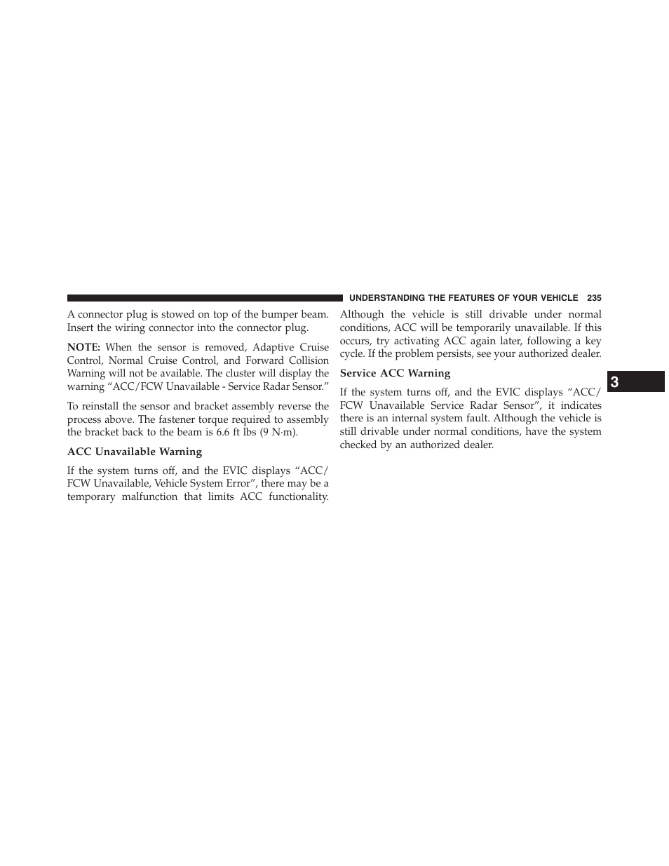 Acc unavailable warning, Service acc warning | Jeep 2013 Grand Cherokee - Owner Manual User Manual | Page 237 / 704