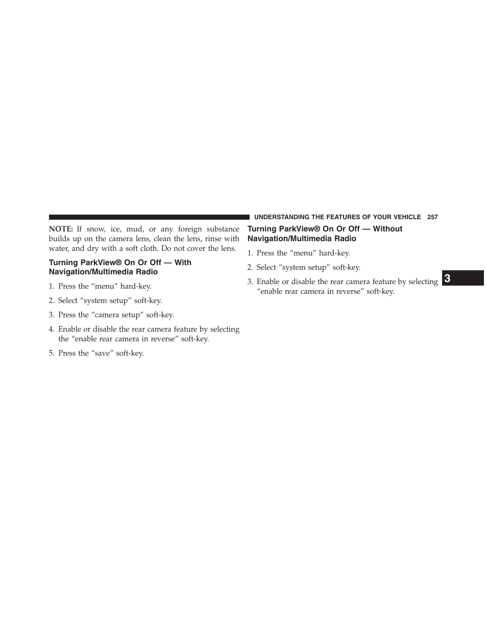 Turning parkview® on or off — with, Navigation/multimedia radio, Turning parkview® on or off — without | Jeep 2013 Grand Cherokee - Owner Manual User Manual | Page 259 / 704